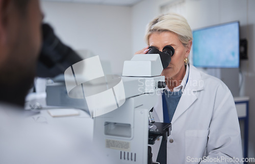 Image of Mature woman, science or laboratory microscope in medical research, future dna engineering or bacteria analytics. People, scientist or teamwork collaboration on equipment for healthcare pharmacy test