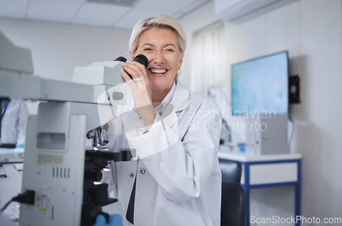 Image of Mature woman, portrait or laboratory microscope in science research, future dna engineering or bacteria analytics. Happy smile or scientist on equipment for healthcare pharmacy test or medicine study