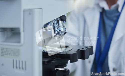 Image of Science, sample and research with microscope in laboratory for medicine, pharmacy and vaccine cure. Bacteria, glass and technology with equipment for experiment, medical and investigation study