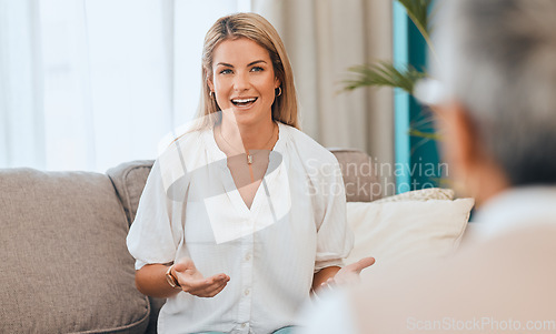 Image of Therapy, woman talking and psychologist counseling in office for mental health and wellness. Consulting therapist, young female and mind and healthcare check of a patient speaking to a professional