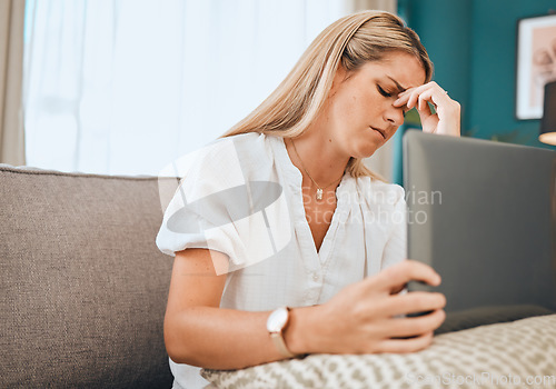 Image of Headache, laptop and business woman with debt stress and technology report burnout. Anxiety, mental health problem and tired employee on a computer glitch and 404 tech issue feeling frustration