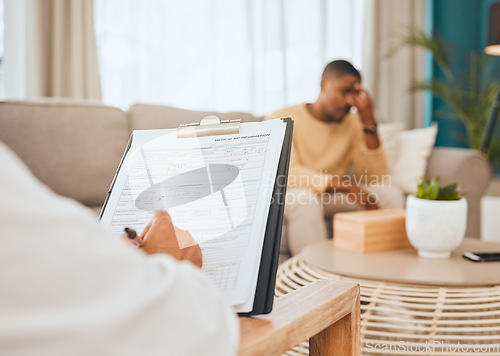 Image of Man on sofa, psychologist writing notes on clipboard for mental health advice and consulting in office. Stress, anxiety and depression, sad person crying and healthcare therapist in consultation room