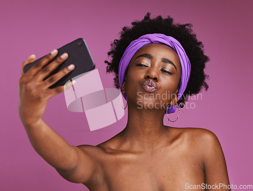 Image of Phone, selfie and face of black woman for beauty, body wellness and fashion on purple background. Cosmetics, skincare and happy girl influencer on smartphone for social media, picture and online post