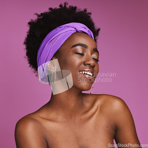 Image of Face, beauty and skincare with a model black woman on a pink background in studio for natural care. Aesthetic, hair and headband with an attractive young female posing to promote cosmetic treatment