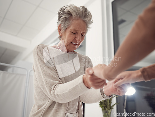 Image of Support, holding hands and prayer of woman at hospital for hope, healing or miracle. Christian, worship and family together for unity in crisis, cancer or bad news and comfort while praying at night.