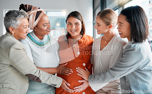 Image of Pregnant woman, coworkers and smile for touch, stomach and excited with support, solidarity and care. Group, women and pregnancy in office with love, team building and portrait at financial workplace