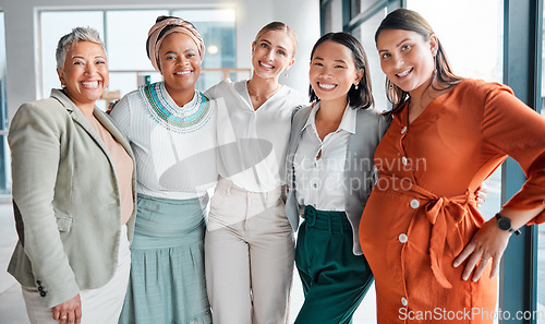 Image of Women, business solidarity and team portrait in office, excited with support, pregnancy and care. Group, pregnant woman and together with love, community diversity and happy at financial workplace