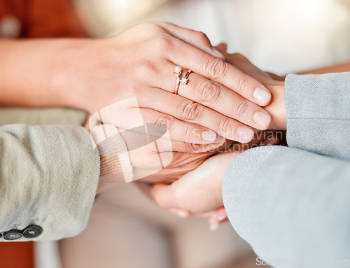 Image of Community, support and teamwork with hands of business people for planning, motivation and goal. Trust, mission and target with group of women for diversity, collaboration and team building in office