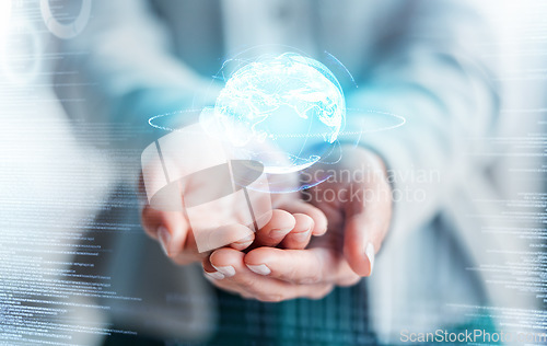Image of Hands, 3D globe hologram and global communication in digital marketing or futuristic networking on double exposure. Hand of person holding virtual world for future technology connection on overlay