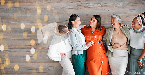 Image of Pregnant woman, team and happy for touch, stomach or excited by bokeh mockup, solidarity and care. Group, women and pregnancy in office with love, community diversity and smile at financial workplace