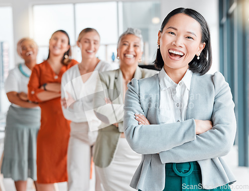 Image of Asian woman, teamwork portrait and office team of leadership, company management and vision. Diversity, business women and startup agency of a creative marketing group with a proud smile in workplace