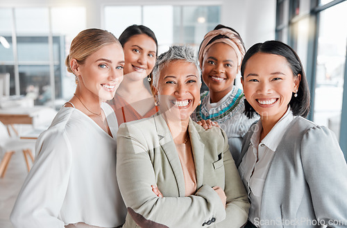 Image of Diversity, portrait selfie and business women teamwork, global success or group empowerment in office leadership. Social media career of asian, black woman and senior people or staff profile picture