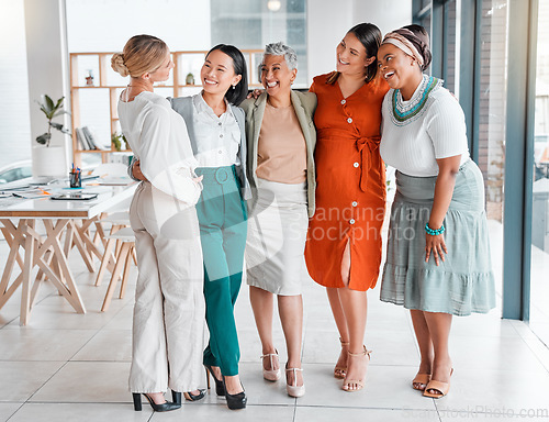 Image of Women in business, community and diversity in team, collaboration and corporate group with success and vision. Happy, working together and professional, motivation with trust, support and solidarity