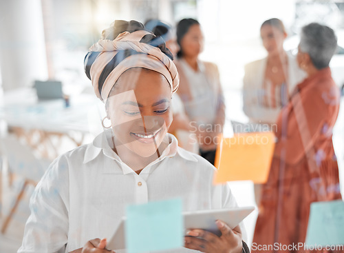 Image of Digital tablet, agenda and schedule planning by black woman in office, creative and sticky notes. Vision, idea and writing by lady manager for calendar, goals and mission, online and project design