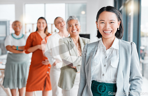 Image of Asian woman smile, office team portrait and management of leadership, company community and vision. Diversity, business women and startup agency of a creative marketing group in agency workplace