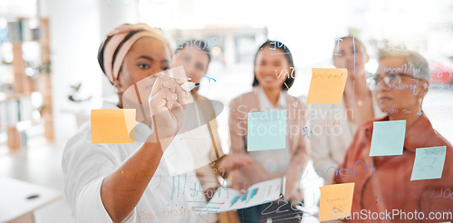 Image of Planning, strategy or black woman writing a winning marketing or advertising plan for business ideas. Sticky notes, meeting or creative people working on global startup project target or team goals