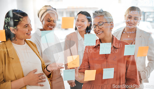Image of Planning, pregnant woman or happy CEO writing a marketing strategy, advertising plan or branding ideas. Sticky notes, meeting or manager working on a global startup project goals with a creative team