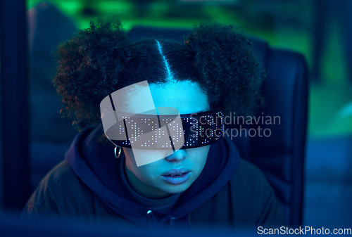 Image of Computer, cyberpunk glasses or neon hacker hacking software, online server or girl programming password phishing. Blue ransomware developer, cybersecurity face or night programmer coding malware code