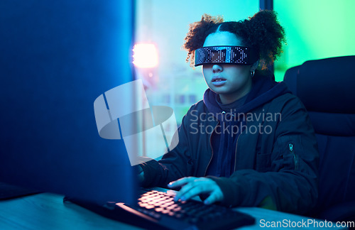 Image of Computer hacker, cyberpunk and neon girl hacking software, online server or programming password phishing. Blue ransomware developer, cyber security glasses and night programmer coding malware code