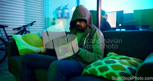 Image of Man, dark or phone hacking in neon garage on cybersecurity app, software programming or phishing coding. Hacker, technology or planning virus code on night sofa ideas, vision or password fraud scam