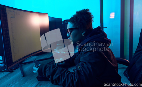 Image of Computer, credit card and night hacker hacking online software, fintech or fraud password phishing. Neon ransomware developer, woman programming cybersecurity and scam programmer coding malware code