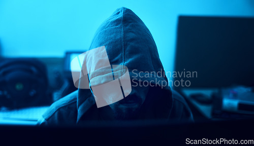 Image of Computer, night hoodie or neon hacker hacking database software, online server or man password phishing. Blue ransomware developer, cybersecurity programming or hidden programmer coding malware code