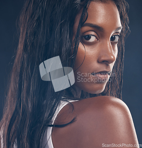 Image of Black woman, studio portrait and fitness for beauty, wellness and healthcare by black background. Young gen z model, back and face with natural skin glow, self care and mindset for personal health