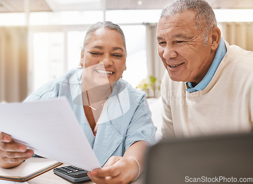 Image of Senior black couple, paperwork and laptop for planning, budget or taxes with discussion for future in home. Old man, woman and conversation for insurance, retirement or finance goals with documents