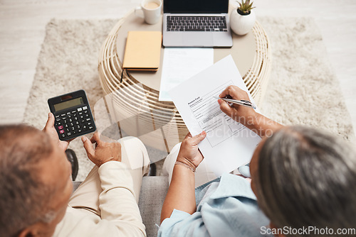 Image of Top view of retirement couple, pension budget and documents planning for budget, paperwork bills and home. Senior man, woman and people reading notes, financial investment and legal contract report