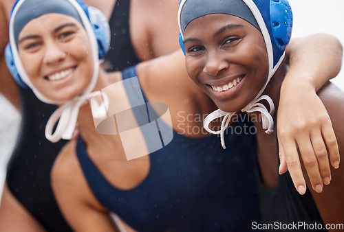 Image of Portrait, sports or happy team in swimming pool for water polo practice, workout or body fitness. Wellness, smile or healthy athlete girlfriends exercising for cardio, endurance or exercise goals