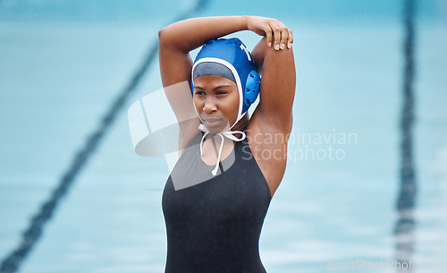 Image of Water polo, sports and stretching with black woman at swimming pool for health, workout and fitness. Wellness, relax and warm up with arm of girl athlete for cardio, training and exercise goals