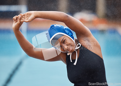 Image of Woman, competition and pool for stretching arms to start training, exercise or contest by water. Girl, muscle warm up and swimming contest at university with goals, dream and vision for performance