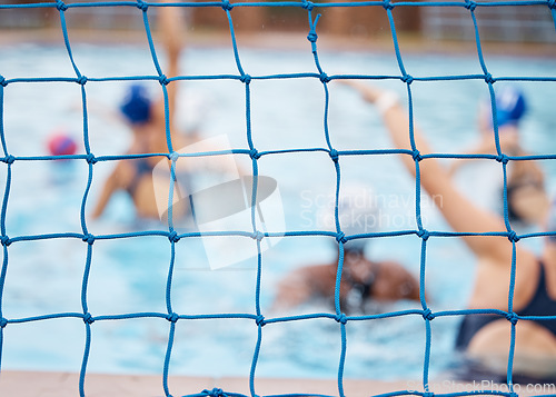 Image of Swimming pool, goal net and background with space for mockup for water polo, game or sport contest. Women group, training or summer sports with teamwork at university competition in summer mock up