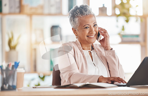 Image of Happy accountant woman, phone call or laptop for financial networking, company growth or trading in office. Finance, smile or advisor on smartphone for stock market, invest budget or tax planning