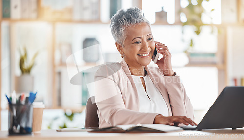 Image of Phone call, happy financial advisor or woman on laptop for networking, company growth or trading in office. Finance, smile or manager on smartphone for stock market, invest budget or tax planning