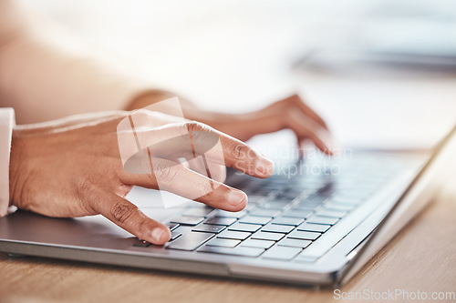 Image of Hand, accountant or woman on laptop for financial strategy, tax or audit review for company growth in office. Finance, zoom or advisor on tech for stock market, investment budget or mortgage planning