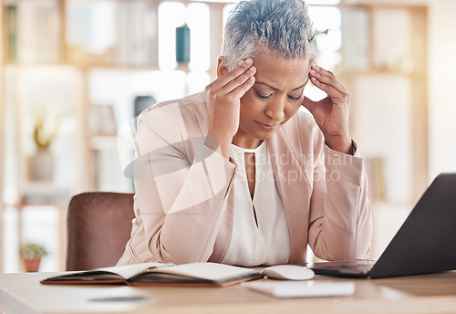 Image of Headache, accountant or burnout woman on laptop for financial crisis, mental health or invest depression in office. Finance, tired or sad advisor for stock market, invest budget or mortgage planning