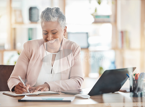 Image of Success, accounting or woman financial advisor writing in notebook for strategy or company growth tax audit in office. Finance, smile or senior for stock market, invest budget or mortgage planning