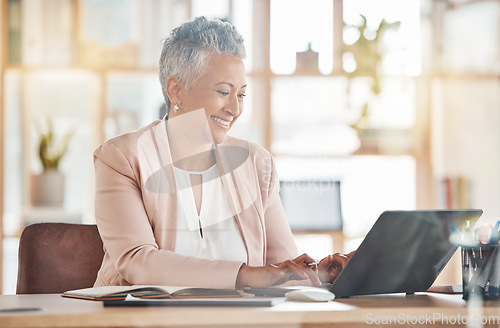 Image of Happy, accountant or woman on laptop search for financial strategy, tax or audit review for company growth in office. Finance, zoom or advisor for stock market, invest budget or mortgage planning