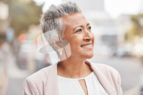 Image of Senior woman, city and employee thinking with blurred background with a finance plan idea. Urban, investment vision and mature financial worker outdoor happy about investing and retirement ideas