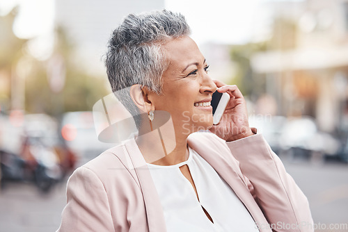 Image of Senior woman, phone call and smile in the city for communication, conversation or discussion. Happy elderly female smiling on smartphone for 5G connection, talk or networking in street of urban town