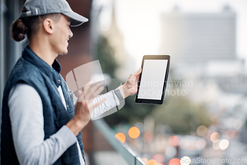 Image of Wave, mock up or man with video call on tablet in city balcony for communication, networking or virtual assistance. Screen, happy or male on tech in London for speaking, 5g mobile network or talking