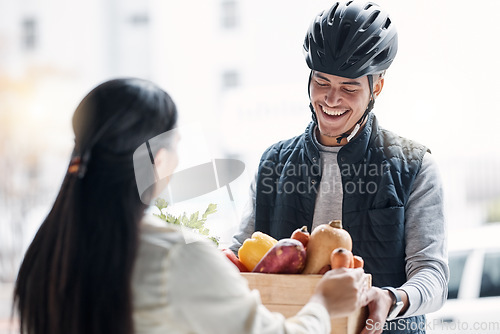 Image of Grocery customer, courier delivery or happy man with retail sale product, food shopping or vegetable shipping container. Logistic supply chain, health nutritionist or distribution person with package