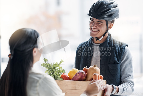 Image of Grocery customer, courier delivery and man with retail sales product, food shopping or front door shipping container. Logistics supply chain, health nutritionist and distribution person with package