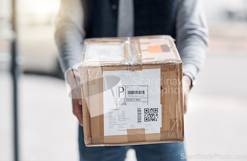 Image of Box qr code, hands and delivery man shipping retail sales product, shopping courier stock or cardboard container. Logistics supply chain, mail distribution service and person with cargo package label