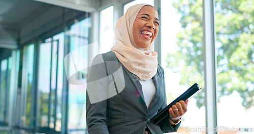 Image of Face, muslim and mindset with a business woman in her office at work wearing a hijab for religion or faith. Portrait, vision and smile with an islamic female employee standing in her workplace