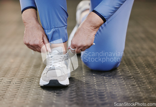 Image of Hands, sports and tie shoes in gym to start workout, training or exercise for wellness. Fitness, athlete health or senior woman tying sneakers or footwear laces to get ready for exercising or running