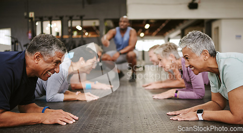 Image of Senior people, fitness and plank with personal trainer in class for workout, core exercise or training at gym. Elderly group in coaching ab session for strong abdominal muscles on gymnasium floor