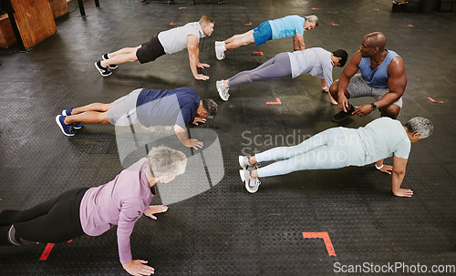 Image of People, fitness and stretching in class with personal trainer at gym for workout, exercise or training. Diverse group in warm up plank session with coach for healthy exercising or strong core muscles