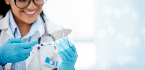 Image of Doctor, woman and mockup for needle for covid vaccine, space or hospital with hands, medic or blurred background. Young health expert, medical mock up and syringe for healthcare, wellness and service